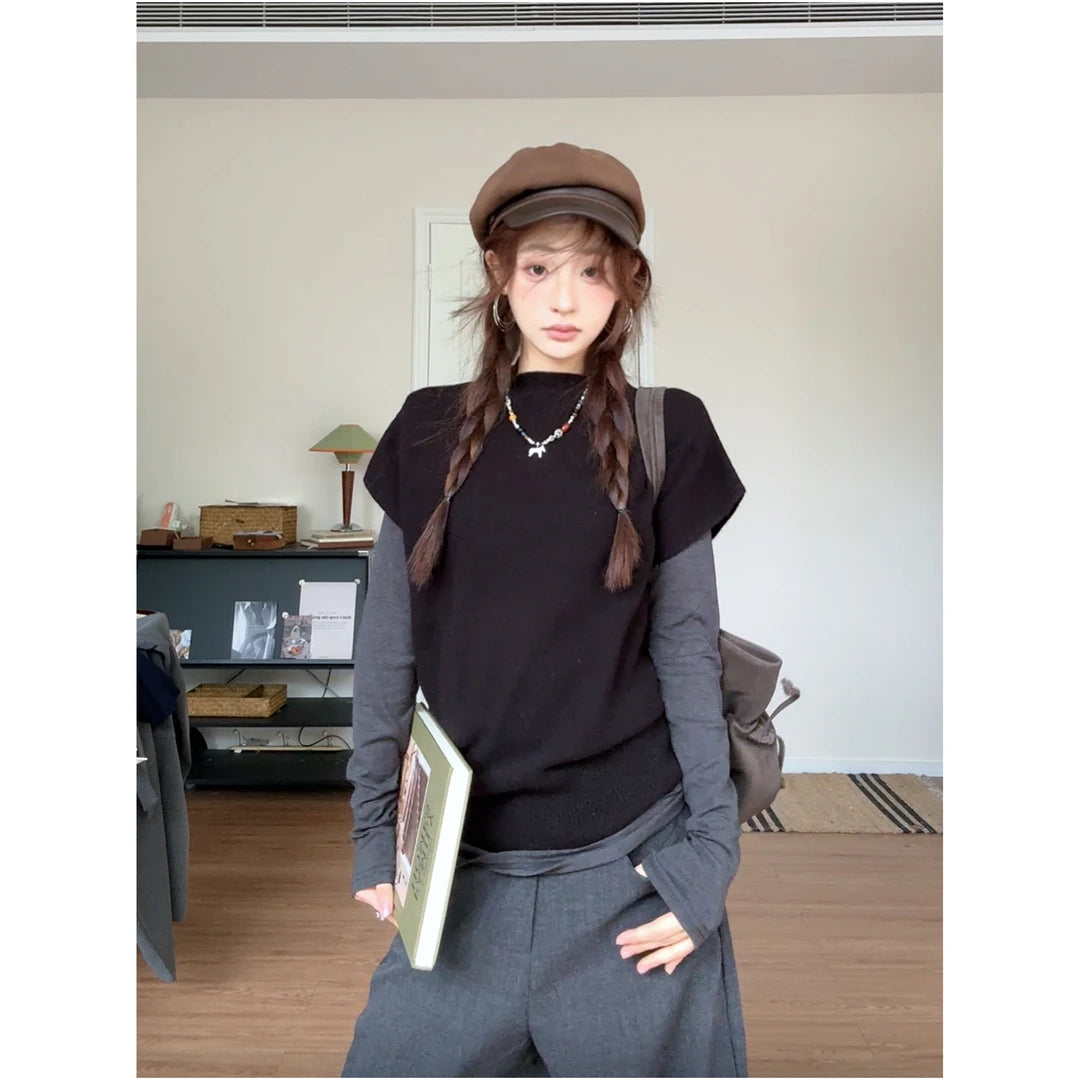 Oversized Long Sleeve Top & Knit Layer 2-Piece Set