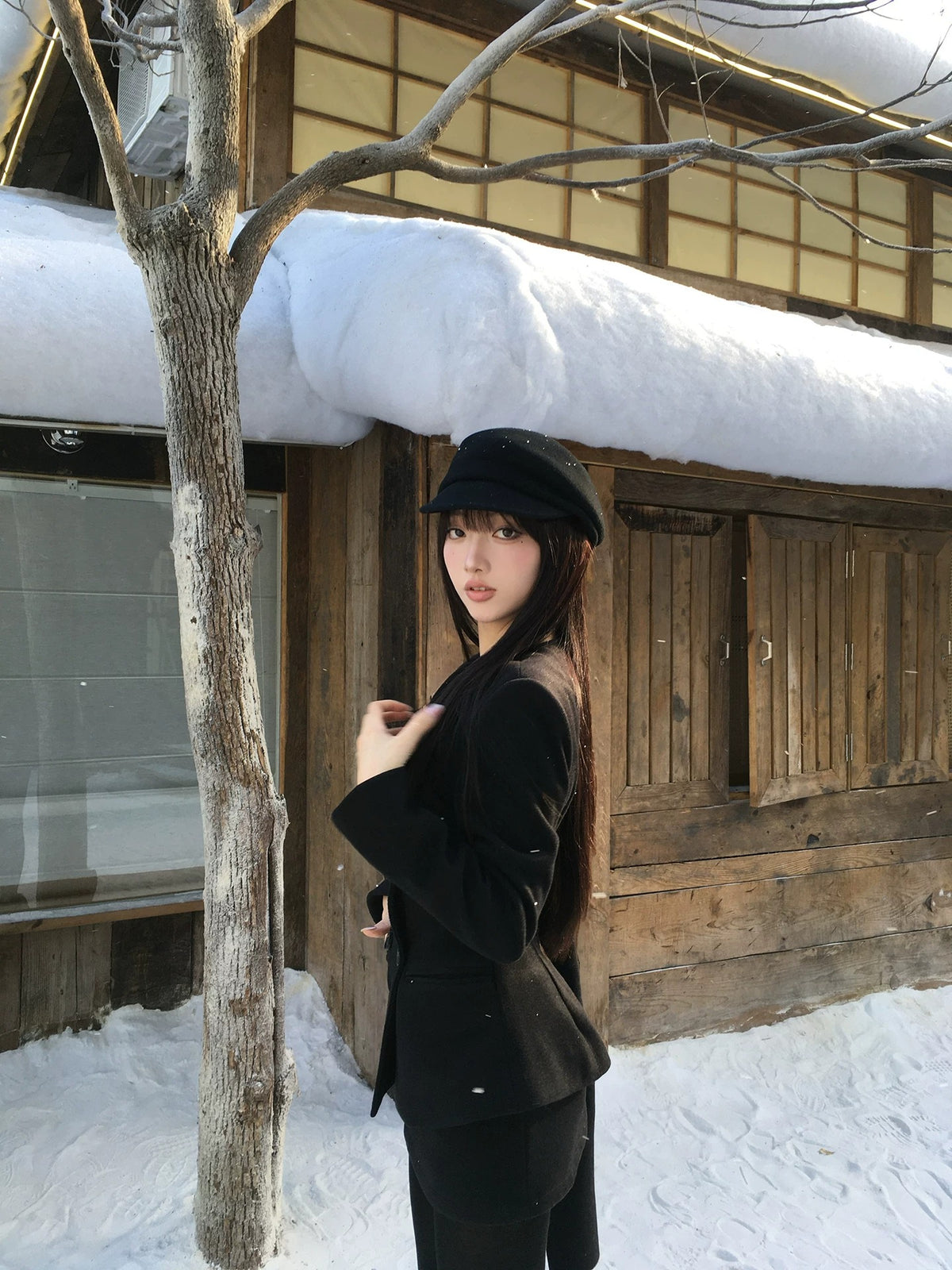 Quilted Jacket & Black Wool-Blend Skirt Set