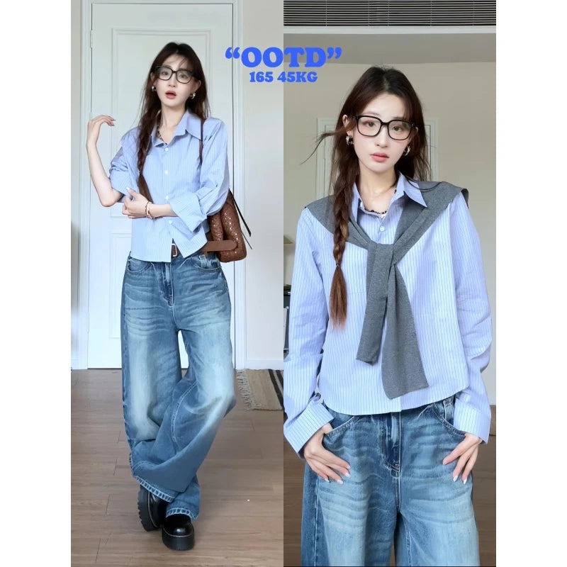 Knit Stripe Long Sleeve Shrug + High Waist Wide Leg Pants Set Casual Workwear