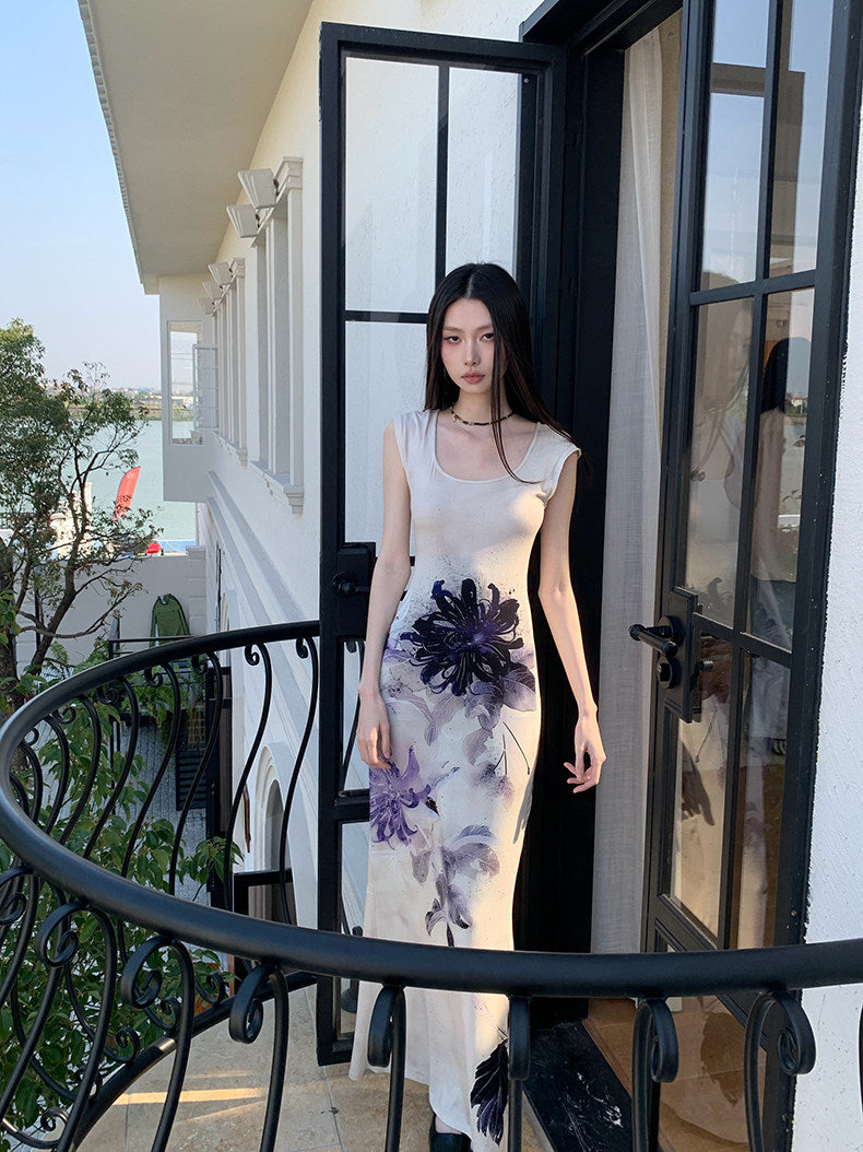 Printed Form-Fitting Maxi Dress
