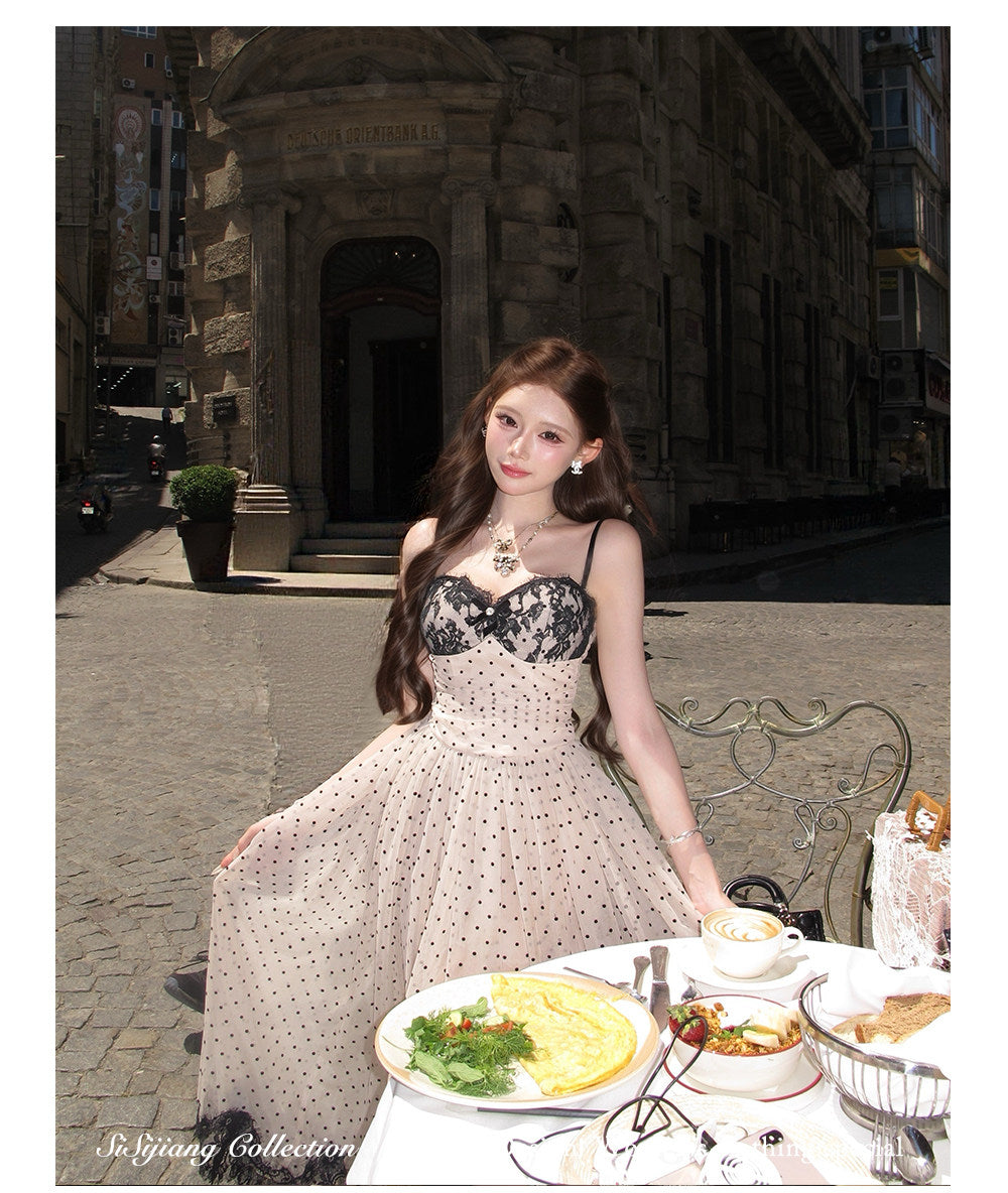 Women's Elegant Polka Dot Spaghetti Strap Dress with Fitted Waist