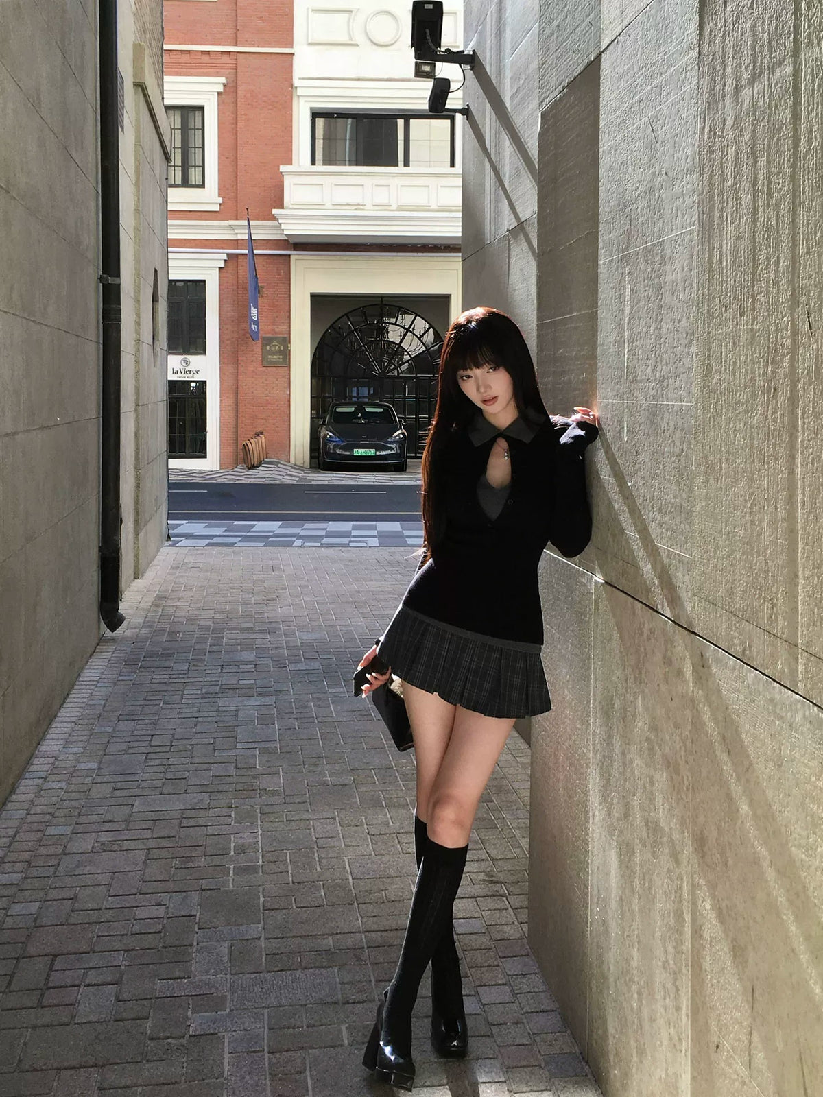 Black Top & Grey Plaid Mini Skirt Two-Piece Set