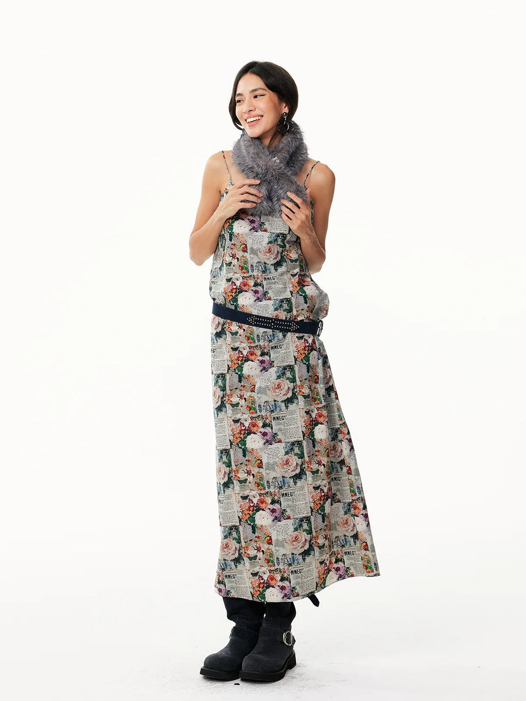 Vintage Newspaper & Floral Print Pearlescent Pink Spaghetti Strap Maxi Dress with Shawl