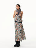 Vintage Newspaper & Floral Print Pearlescent Pink Spaghetti Strap Maxi Dress with Shawl