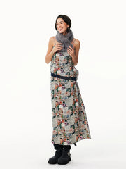 Vintage Newspaper & Floral Print Pearlescent Pink Spaghetti Strap Maxi Dress with Shawl
