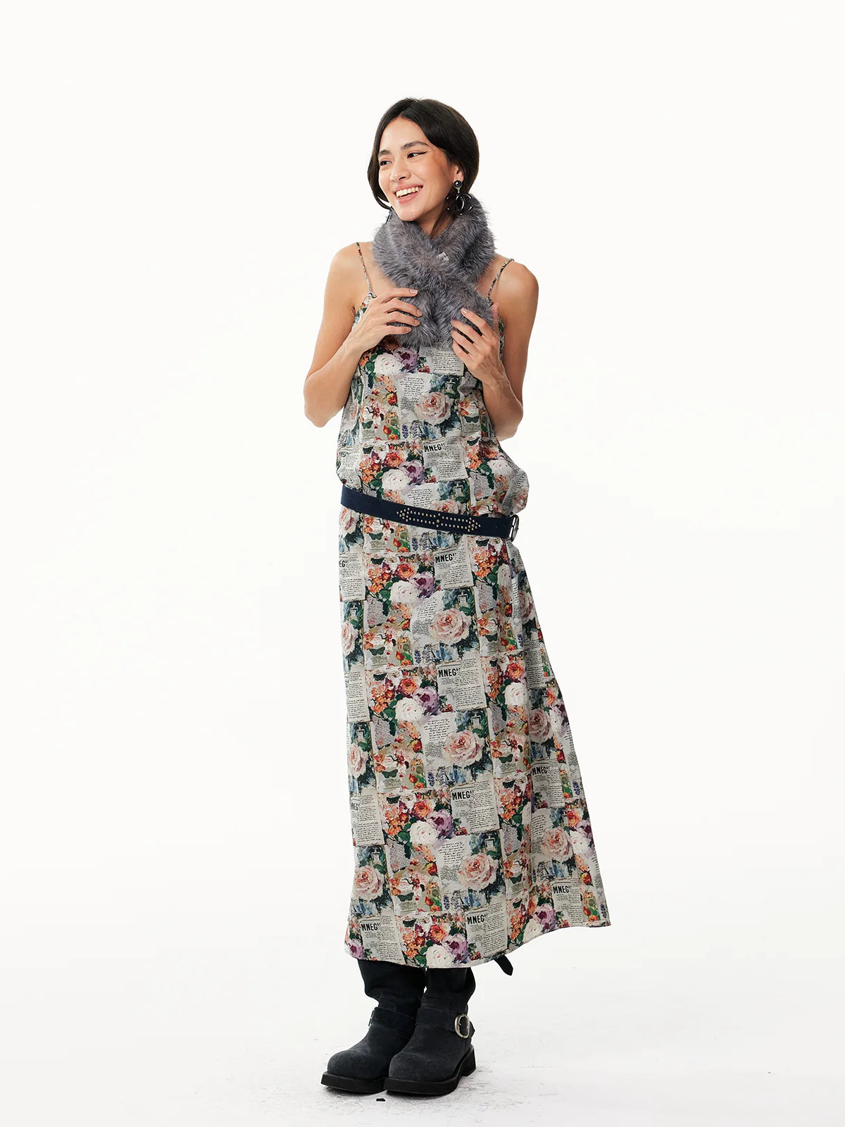 Vintage Newspaper & Floral Print Pearlescent Pink Spaghetti Strap Maxi Dress with Shawl