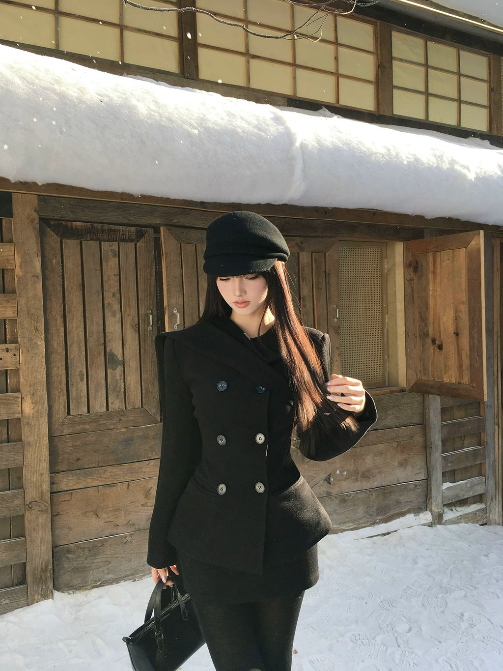 Quilted Jacket & Black Wool-Blend Skirt Set
