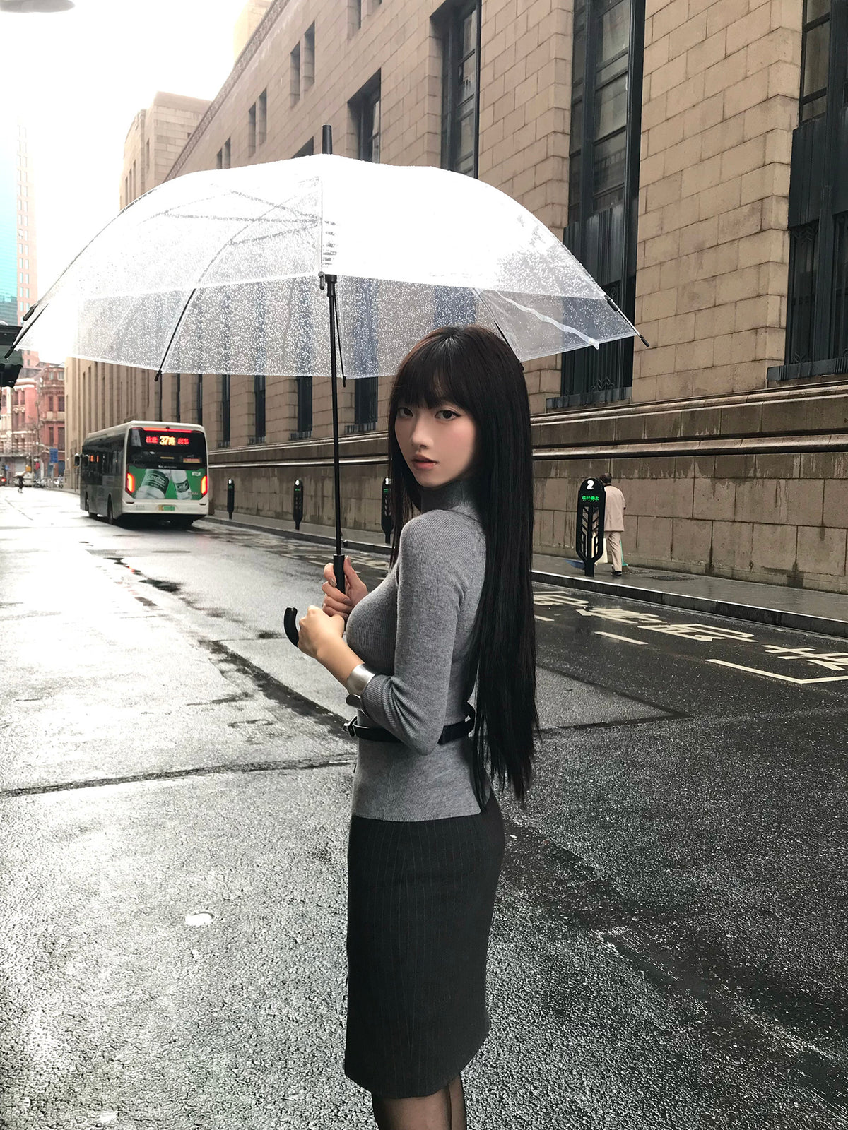 Grey Long Sleeve Sweater + Dark Grey Slit Midi Skirt