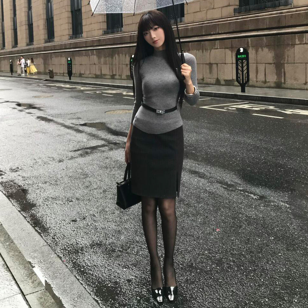 Grey Long Sleeve Sweater + Dark Grey Slit Midi Skirt