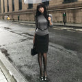 Grey Long Sleeve Sweater + Dark Grey Slit Midi Skirt
