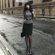 Grey Long Sleeve Sweater + Dark Grey Slit Midi Skirt