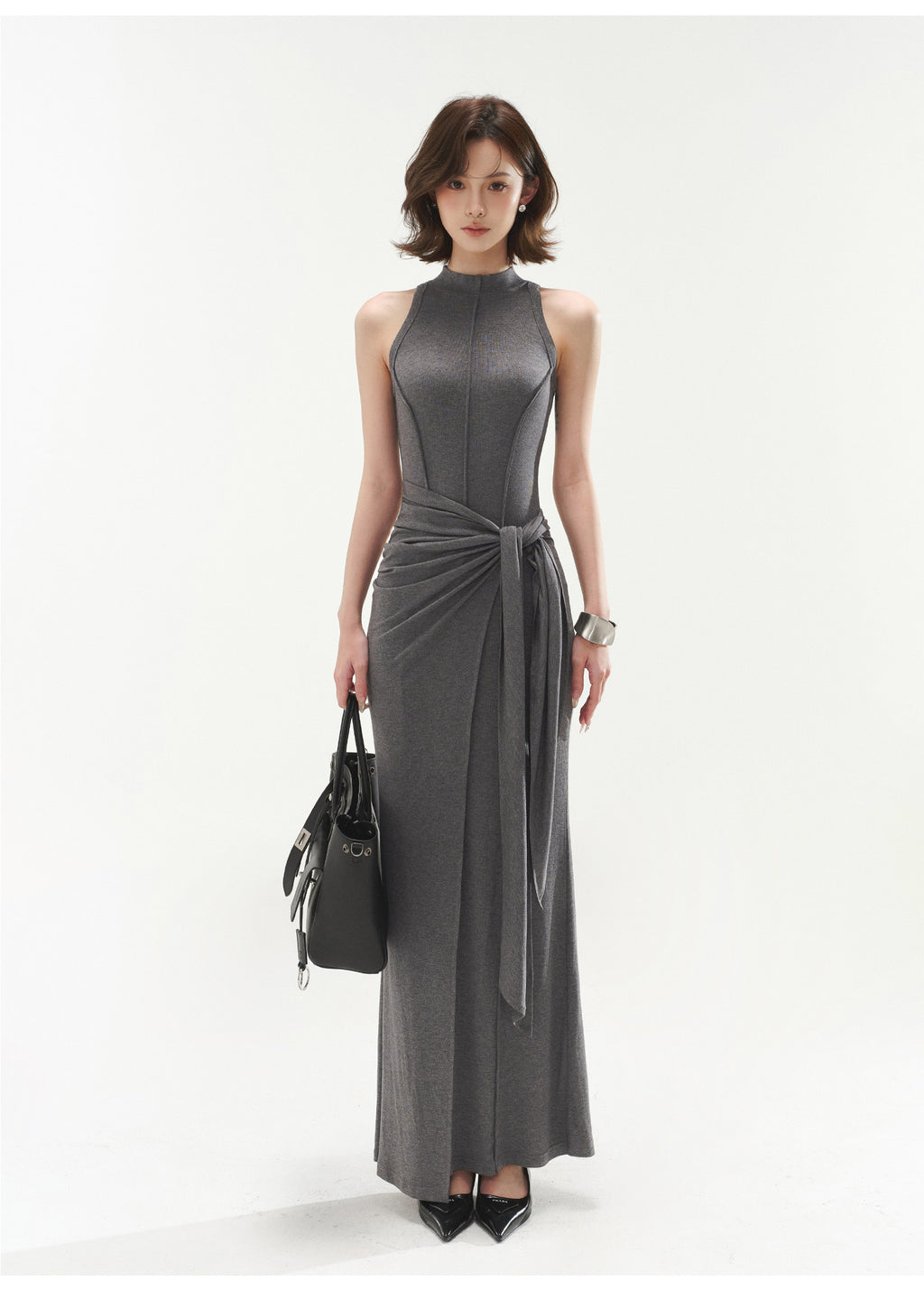 Premium Grey Sleeveless Belted Dress