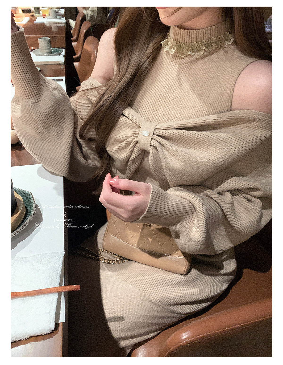 Women's Fitted Halter-Neck Knit Dress with Off-Shoulder Shrug
