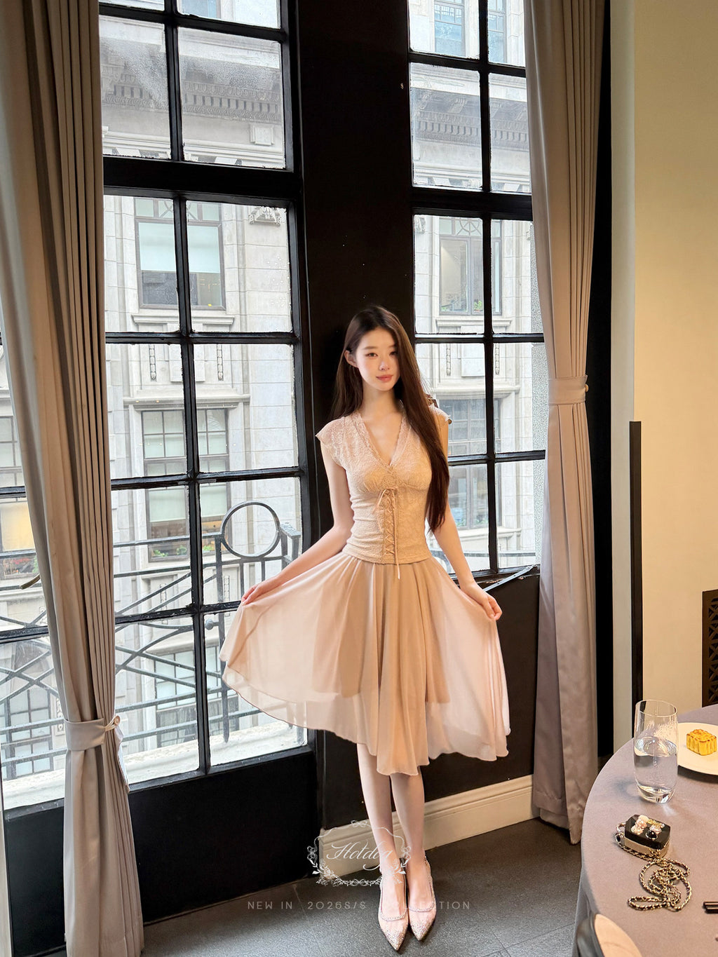 Lace Tie Top / Irregular Hem Skirt Elegant Set