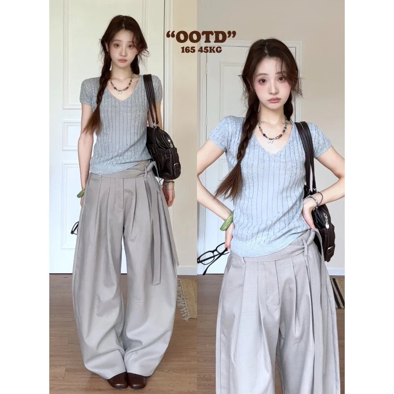 Women's V-Neck Short Sleeve Top & High Waist Wide Leg Pants