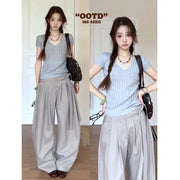 Women's V-Neck Short Sleeve Top & High Waist Wide Leg Pants