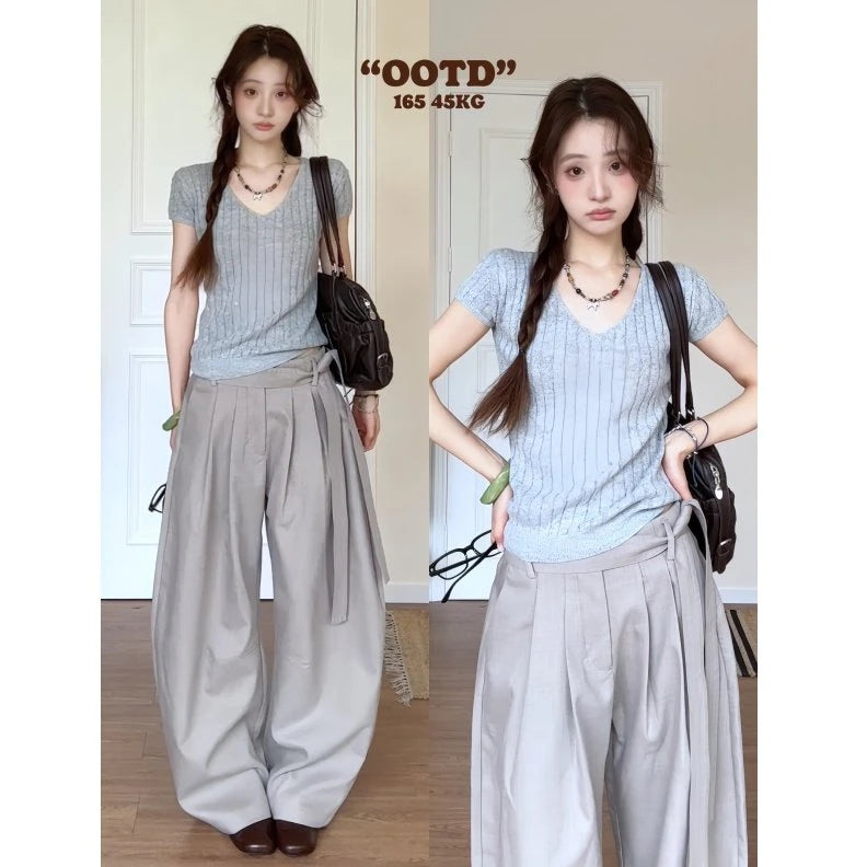 Women's V-Neck Short Sleeve Top & High Waist Wide Leg Pants