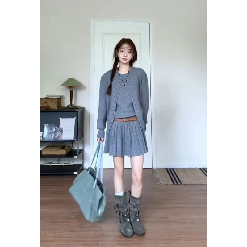 Women’s 3-Piece Knit Cardigan and Pleated Midi Skirt Set