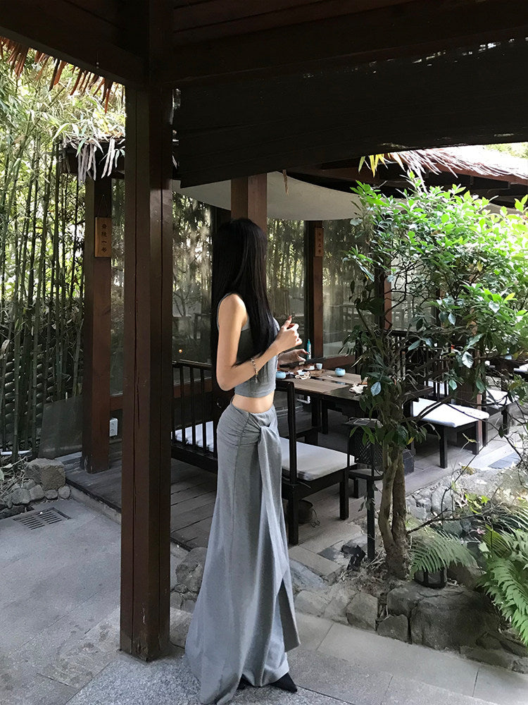 Grey tank top and long bodycon skirt co-ord set