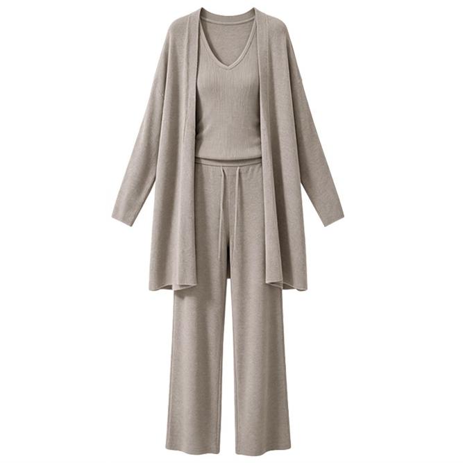 Women's Relaxed Three-Piece Set with Long-Sleeve Cardigan, Tank Top & Wide-Leg Pants