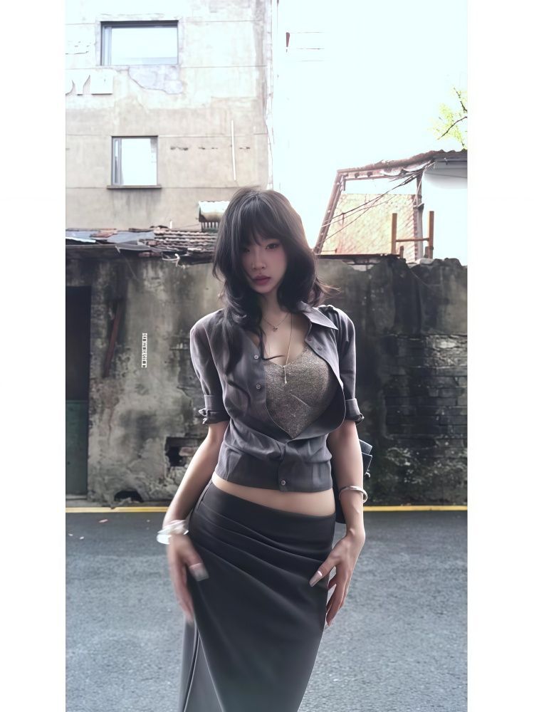 Premium Grey Mid-Sleeve Cropped Shirt + Lace Camisole + Shirt Midi Skirt