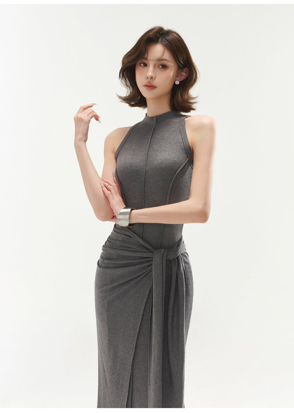 Premium Grey Sleeveless Belted Dress