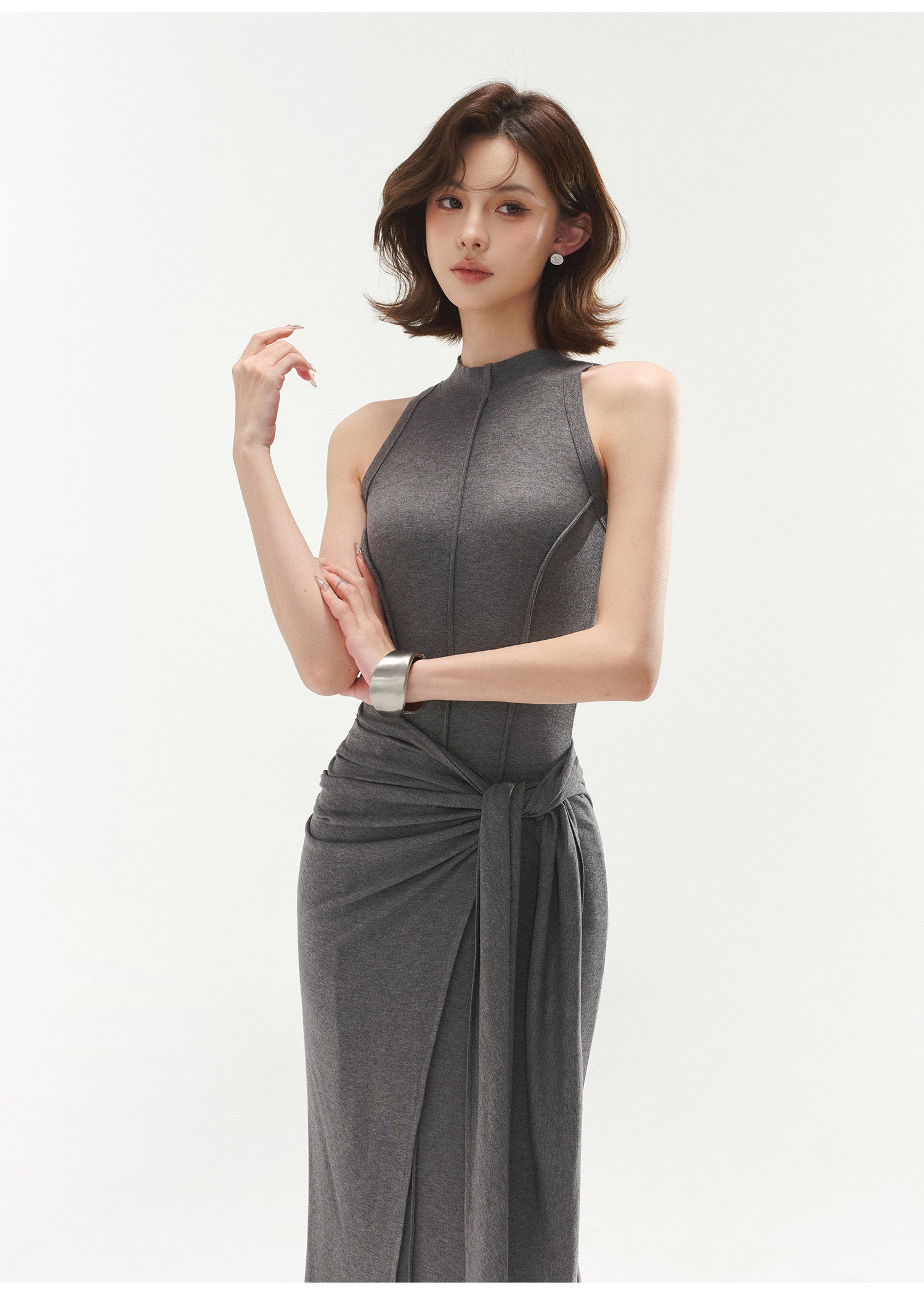 Premium Grey Sleeveless Belted Dress