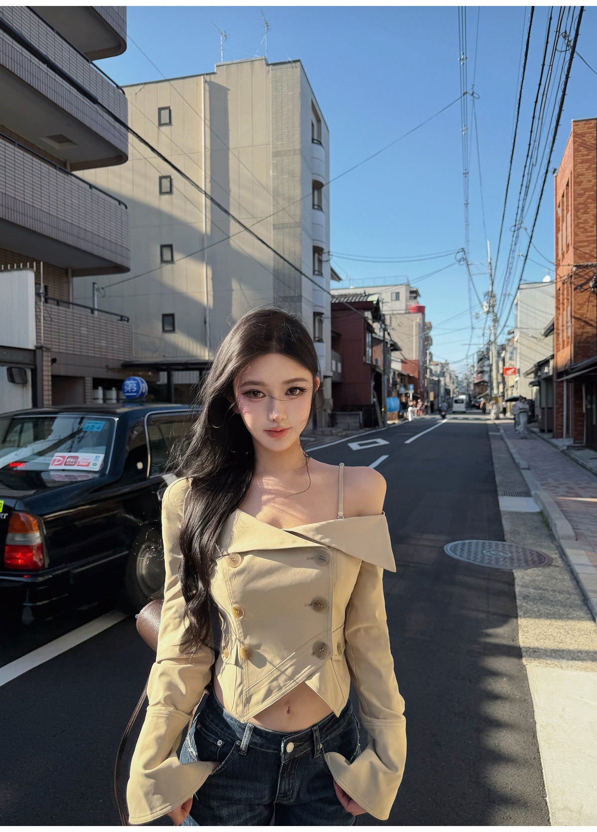 Cropped Double-Breasted Jacket & Straight Skirt Set with Wide Belt
