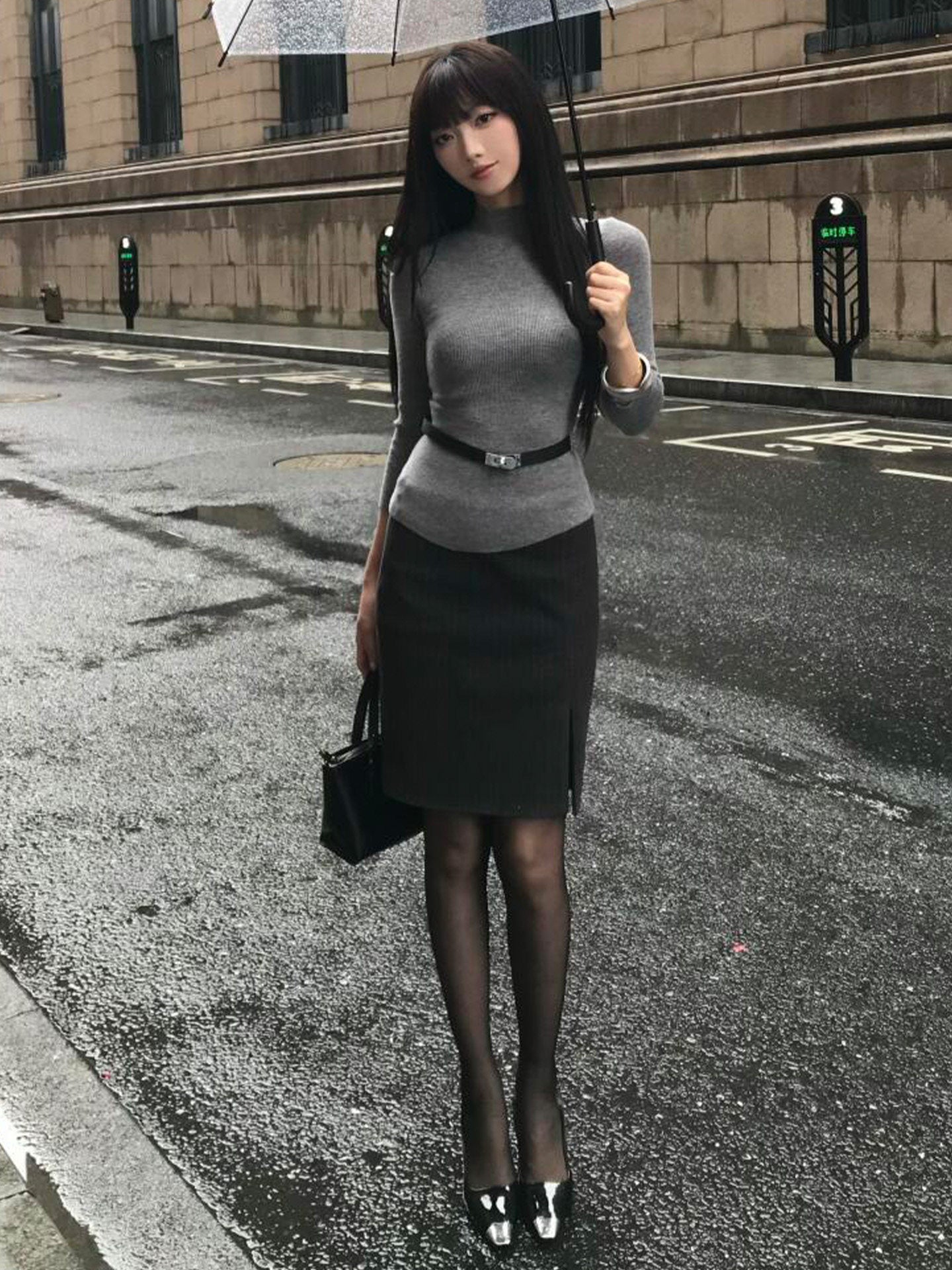Grey Long Sleeve Sweater + Dark Grey Slit Midi Skirt