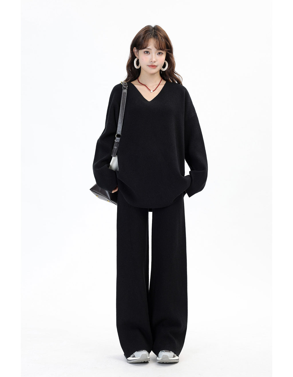 V-Neck Knit Sweater & Wide-Leg Pants Set