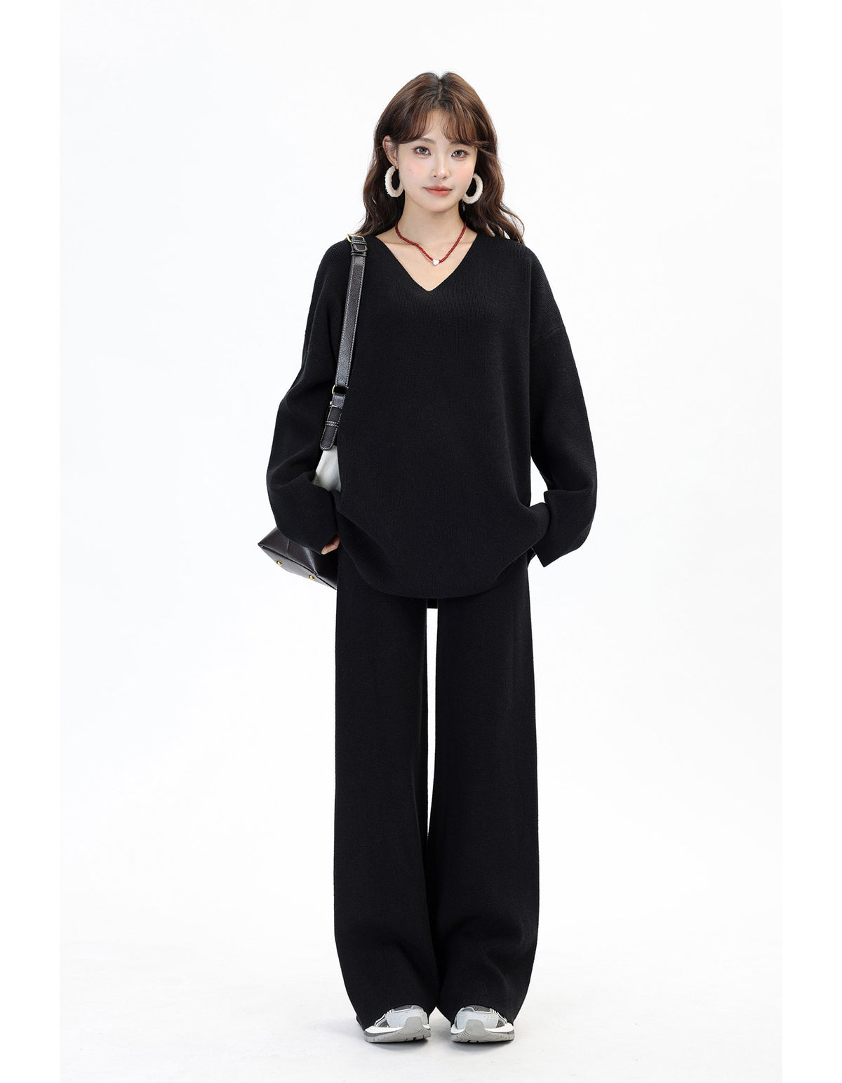 V-Neck Knit Sweater & Wide-Leg Pants Set