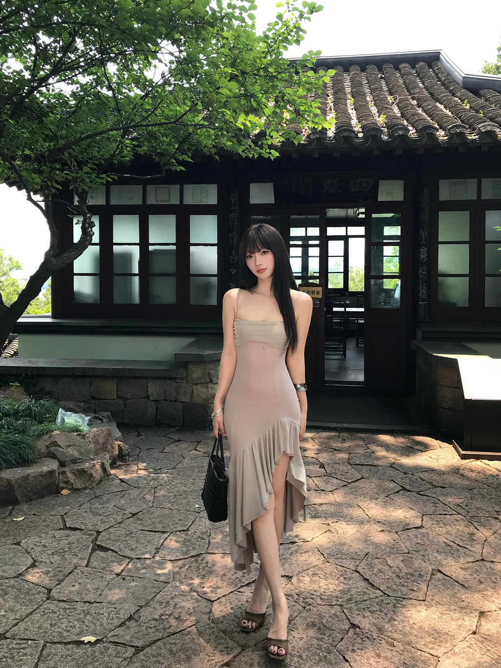 Long Asymmetrical Ruffle Hem Fitted Spaghetti Strap Mermaid Dress