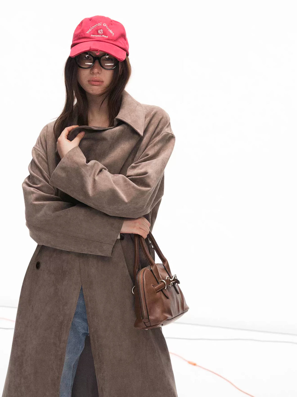 Suede-Effect Belted Double-Breasted Long Trench Coat