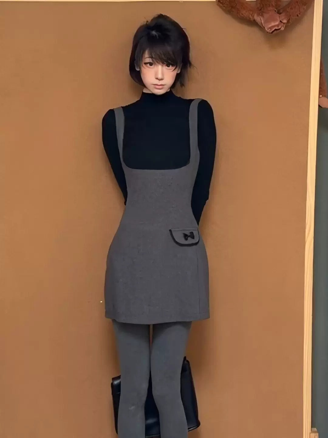 Grey Slip Dress Layered with a Black Turtleneck