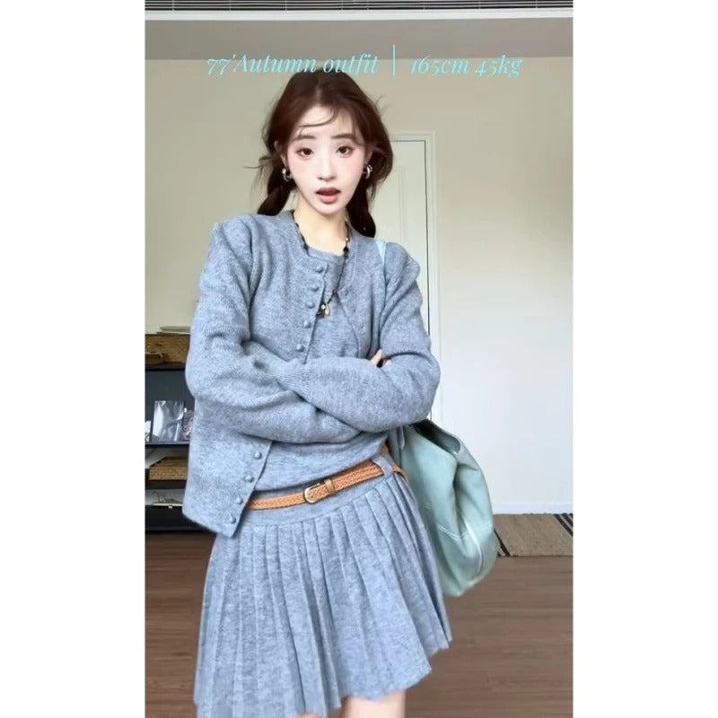 Women’s 3-Piece Knit Cardigan and Pleated Midi Skirt Set