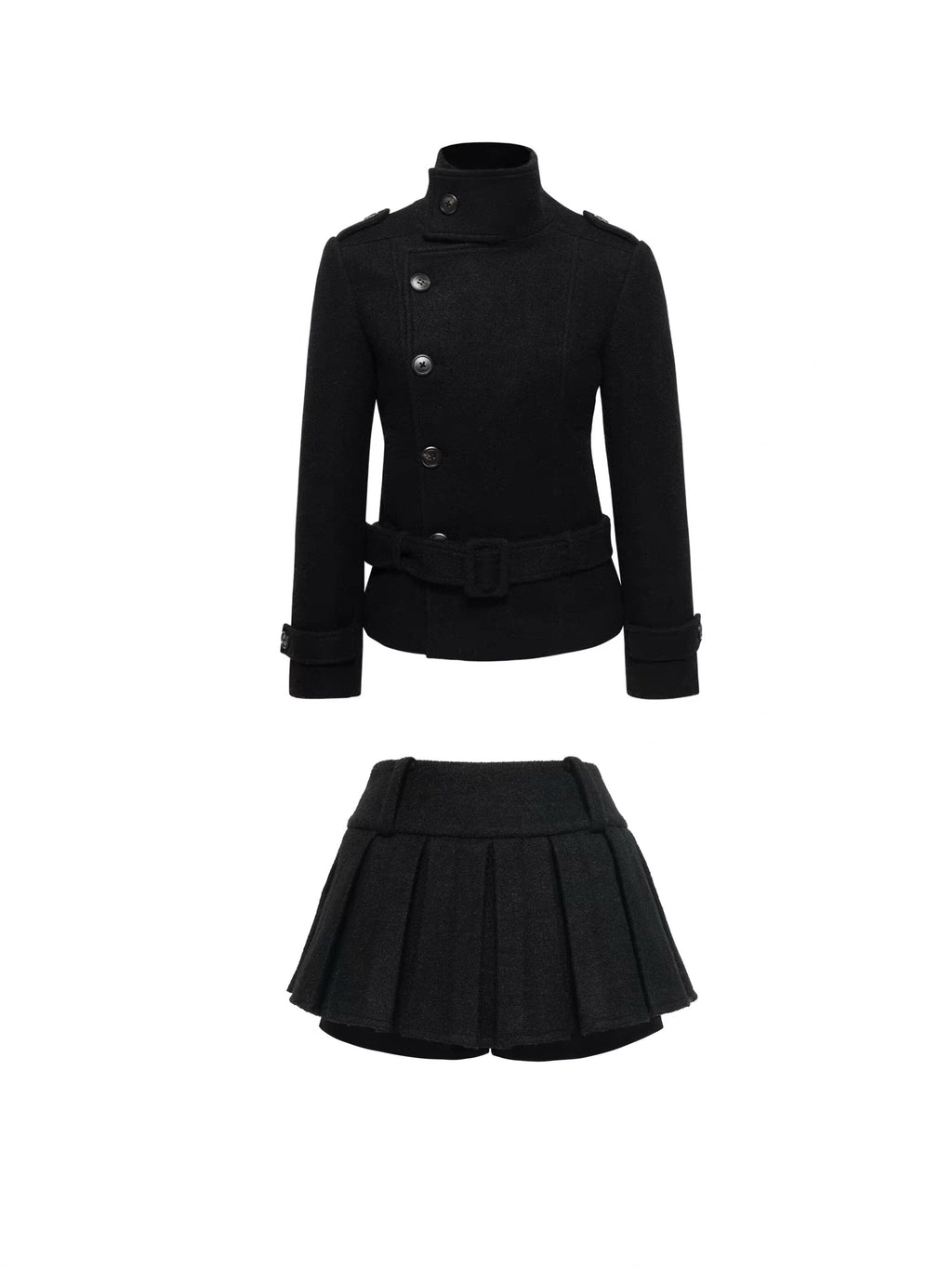Stand-Collar Wool-Blend Coat & Skirt Set with Detachable Belt