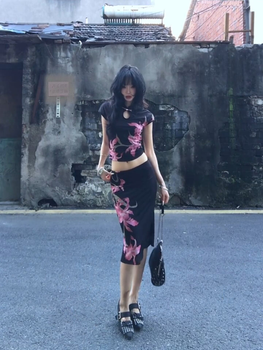 Slim Fit Qipao Top & Skirt 2-Piece Set