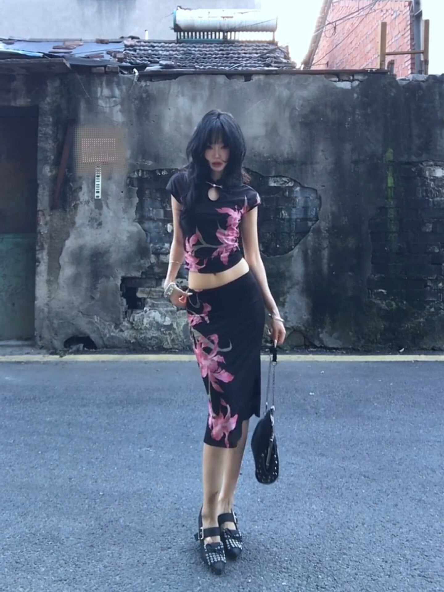 Slim Fit Qipao Top & Skirt 2-Piece Set