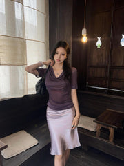 Purple knitted short-sleeve top with high-waist slimming skirt