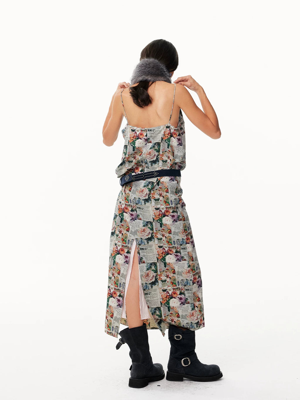 Vintage Newspaper & Floral Print Pearlescent Pink Spaghetti Strap Maxi Dress with Shawl