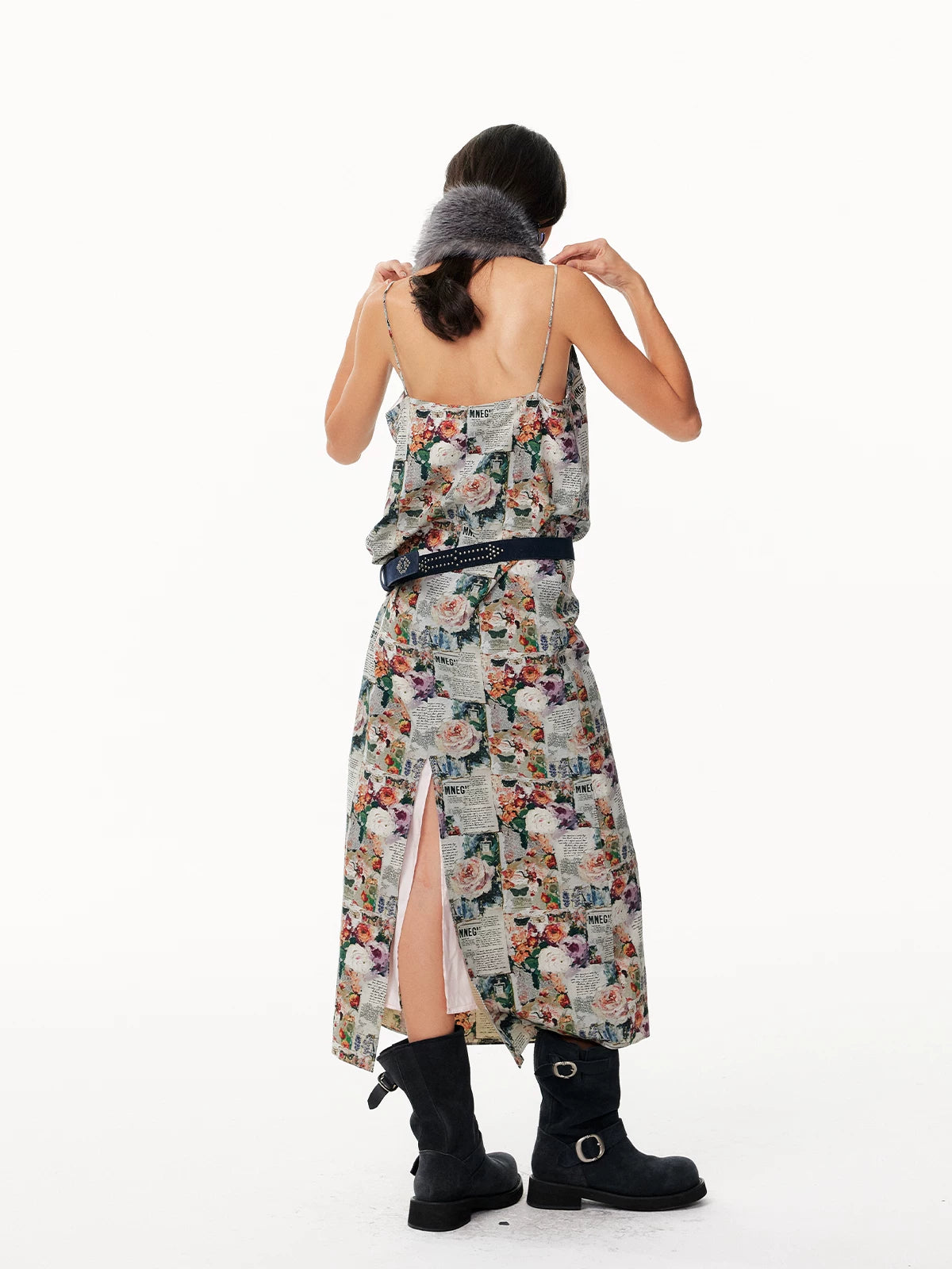 Vintage Newspaper & Floral Print Pearlescent Pink Spaghetti Strap Maxi Dress with Shawl