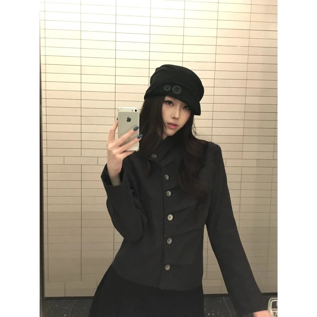 3D Pleated Oblique Placket Square Shoulder Blazer