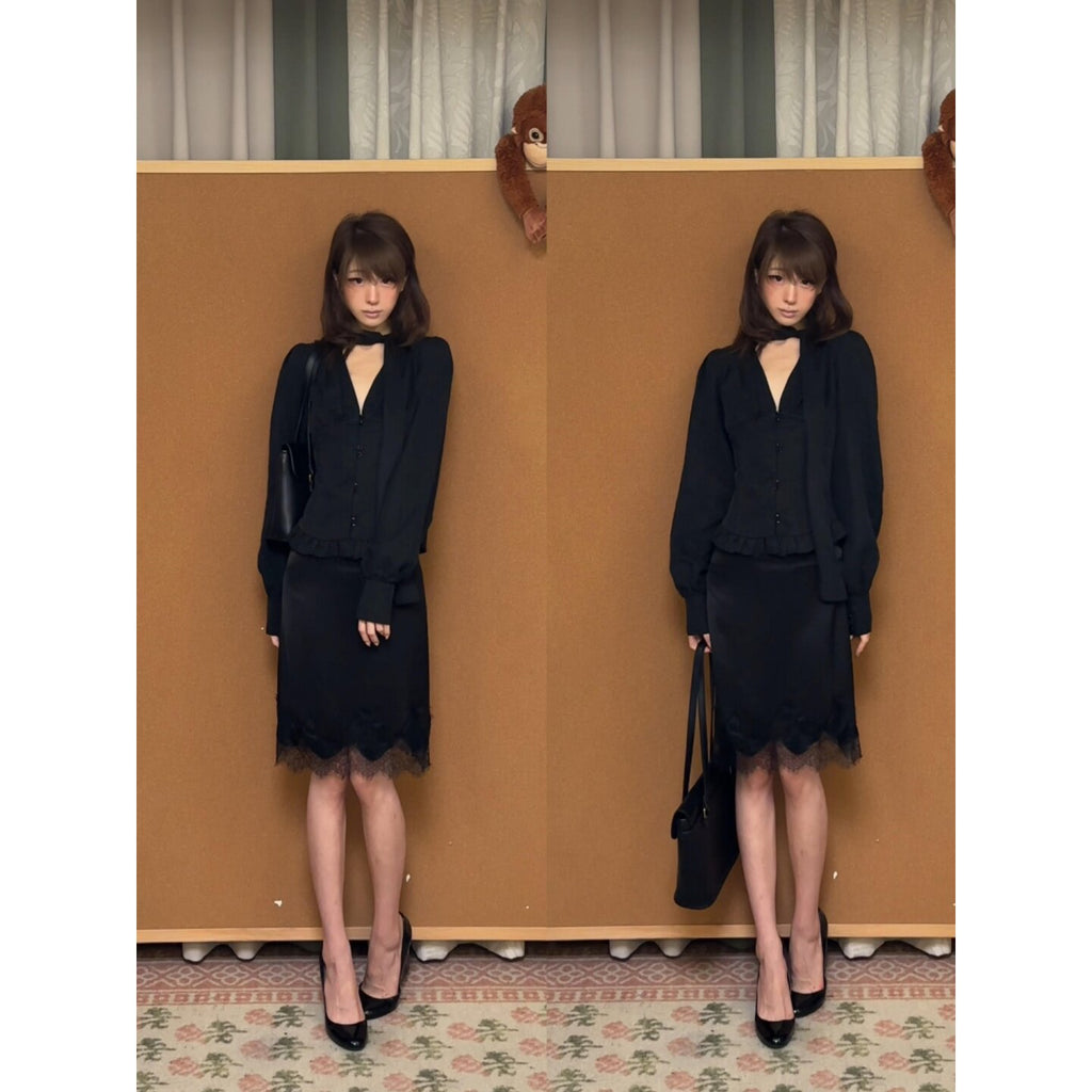 Women’s Black V-Neck Blouse and Lace Bodycon Skirt Set
