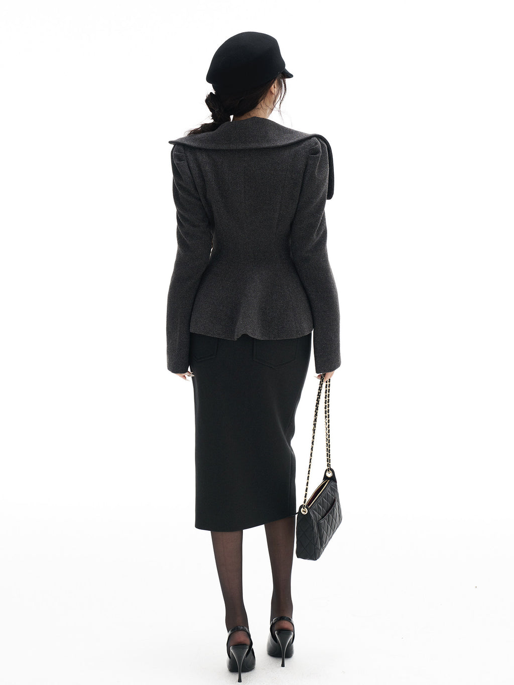 Gray belted short coat with a skirt