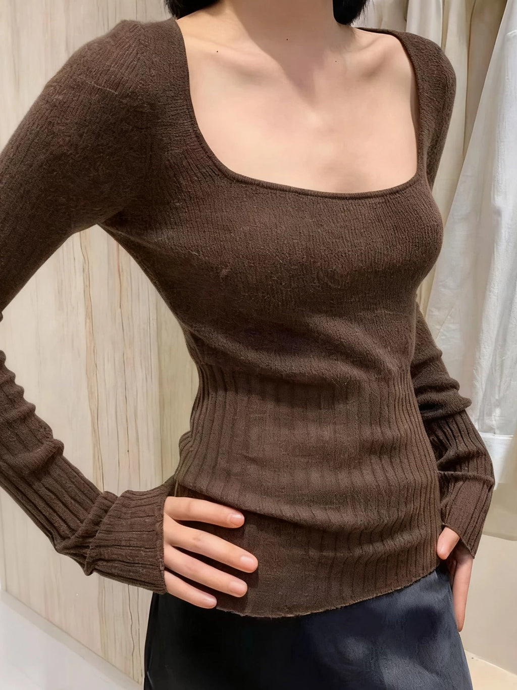 Square-Neck Knit Layering Top