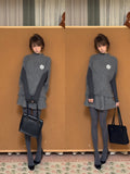 Grey Knit Cape Coat Inner Top & Skirt Three-Piece Set