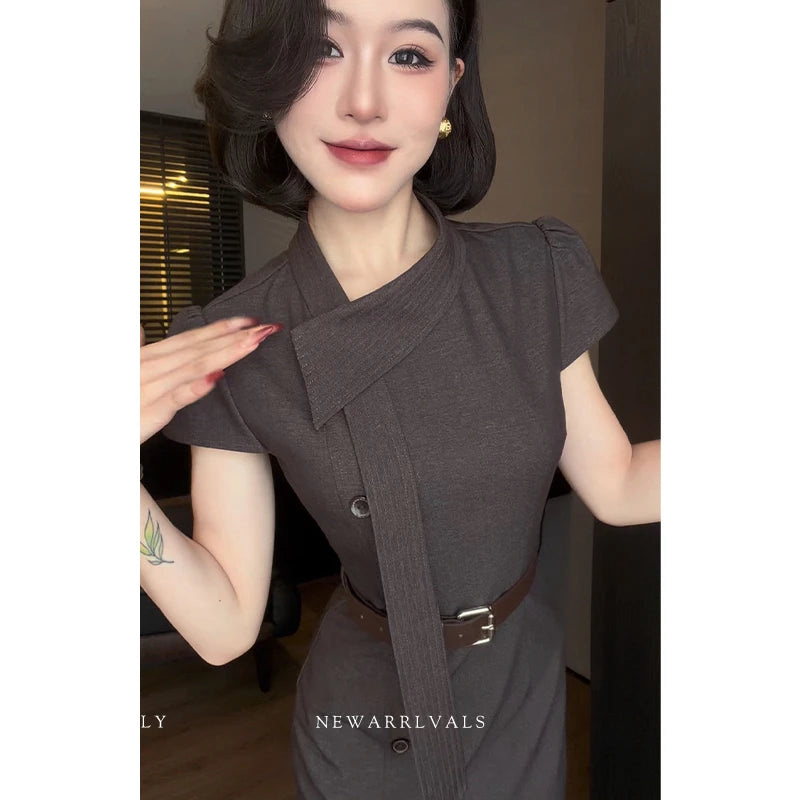 우아한 브라운 커뮤터 미디 드레스