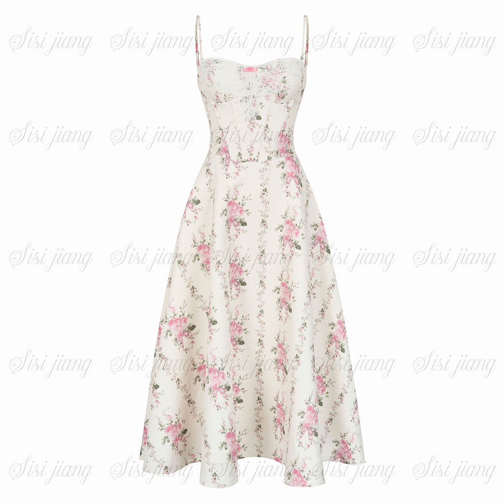 Women’s Floral Spaghetti Strap Dress with Boned Corset Waist