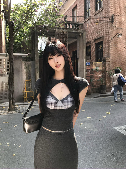 Cutout top + plaid cami