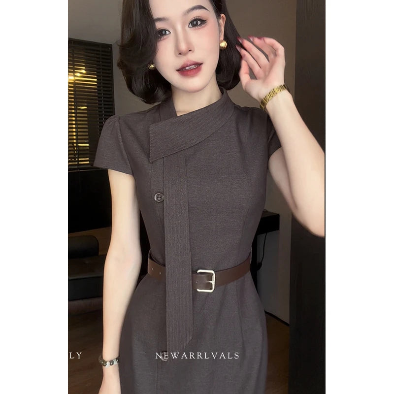 우아한 브라운 커뮤터 미디 드레스